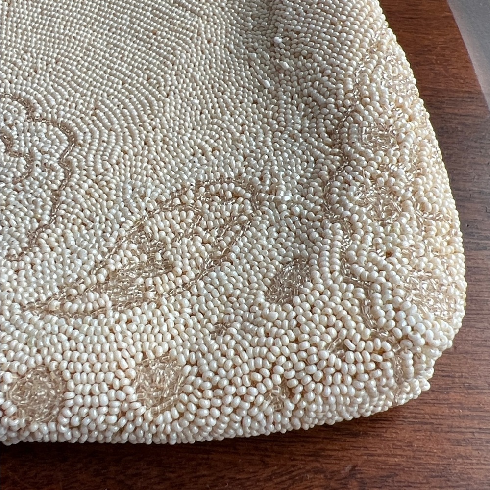 Vintage Intricately Beaded Evening Bag Cream Beige Gold Seed Bead Paisley Bird - Picture 10 of 16